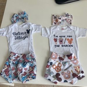Disney styled, bloomers with onesie and matching bows.